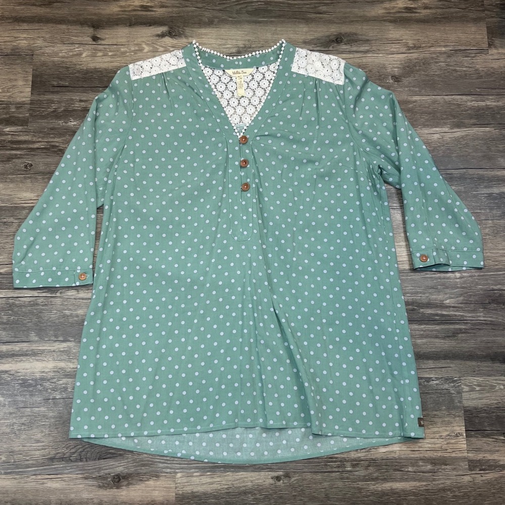 Matilda Jane Sage Green Polka‎ Dot Top Lace Yoke Boho Cottagecore Women's Large